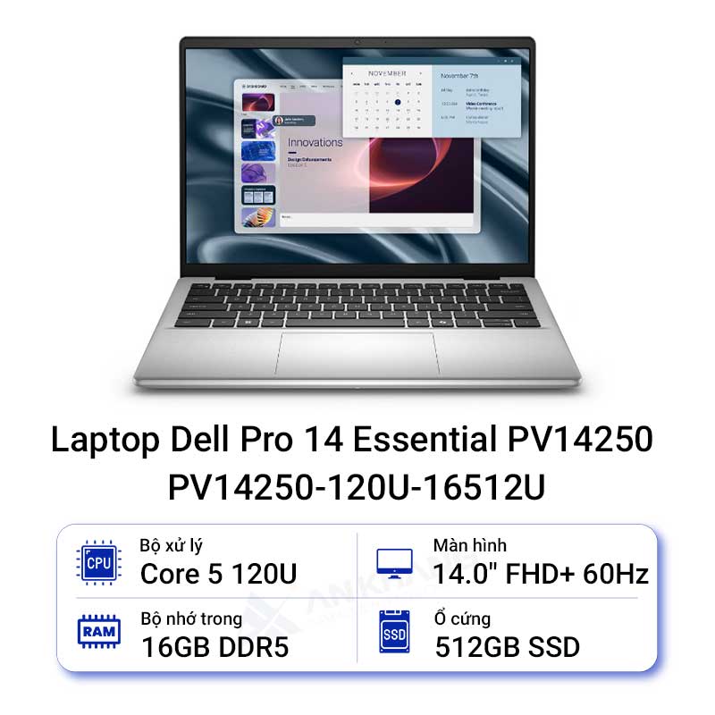 Laptop Dell Pro 14 Essential PV14250-120U-16512U (Core 5-120U/16GB (1*16GB) DDR5/512GB SSD/14 inch FHD+/Ubuntu/Bạc)