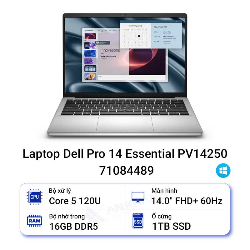 Laptop Dell Pro 14 Essential PV14250 (Core 5 120U/ 16GB/ 1TB SSD/ 14 inch FHD+/ Win11/ Platinium Silver/ 2Y)