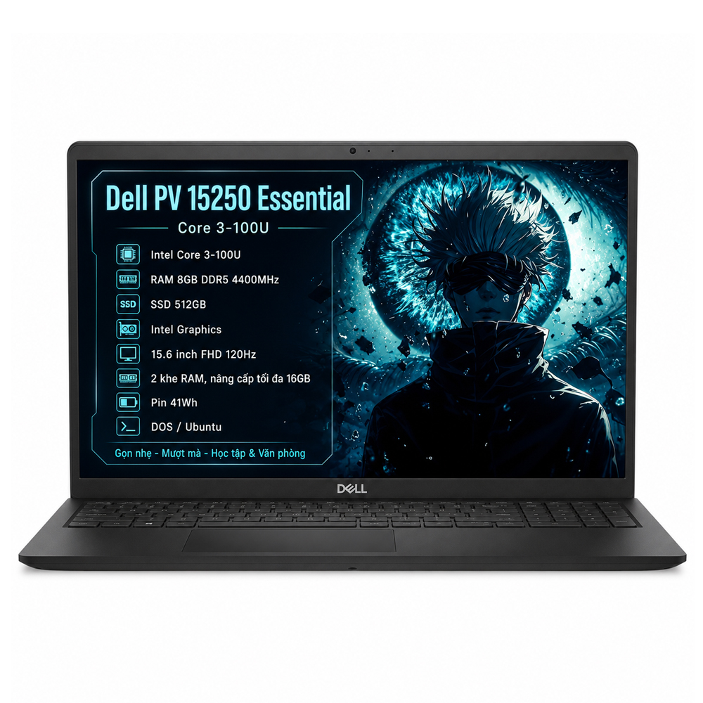 Laptop Dell PV 15250 Essential (Core 3-100U, 8GB RAM, 512GB SSD, 15.6 inch FHD 120Hz, Intel Graphics, Black, NK Full VAT)