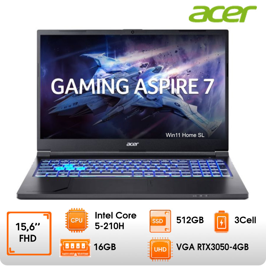 Laptop Acer Gaming Aspire 7 A715-59G-59RD NH.DXUSV.001 (Intel Core 5 210H | RTX 3050 4GB GDDR6 | 15.6 inch FHD | 16GB | 512GB | Windows 11 Home SL | Đen)